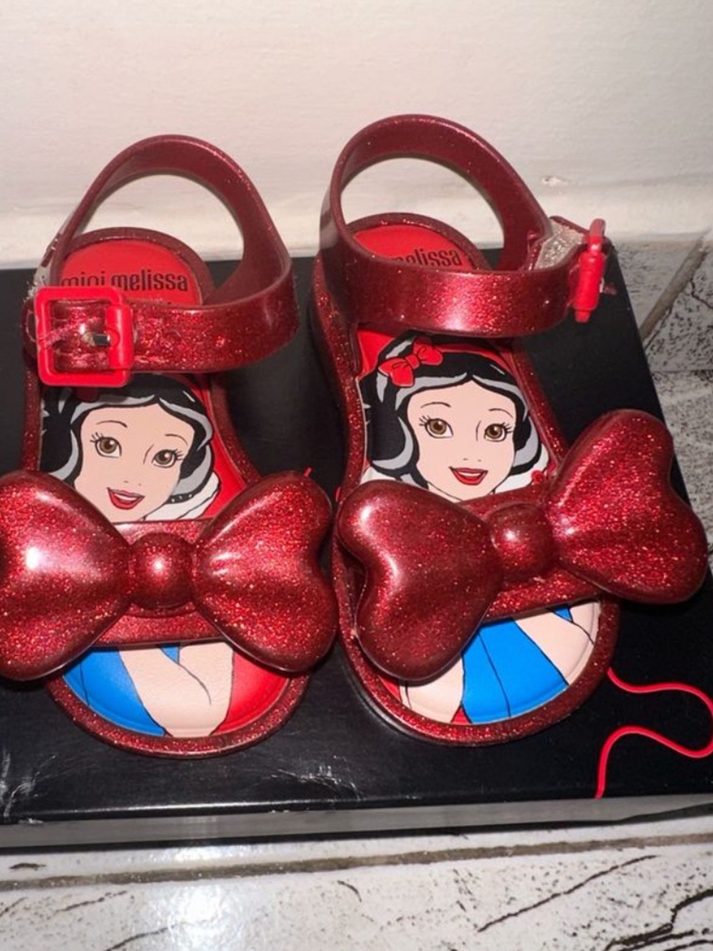 Mini Melissa Red Glitter Bow Sandals with Snow White Insole